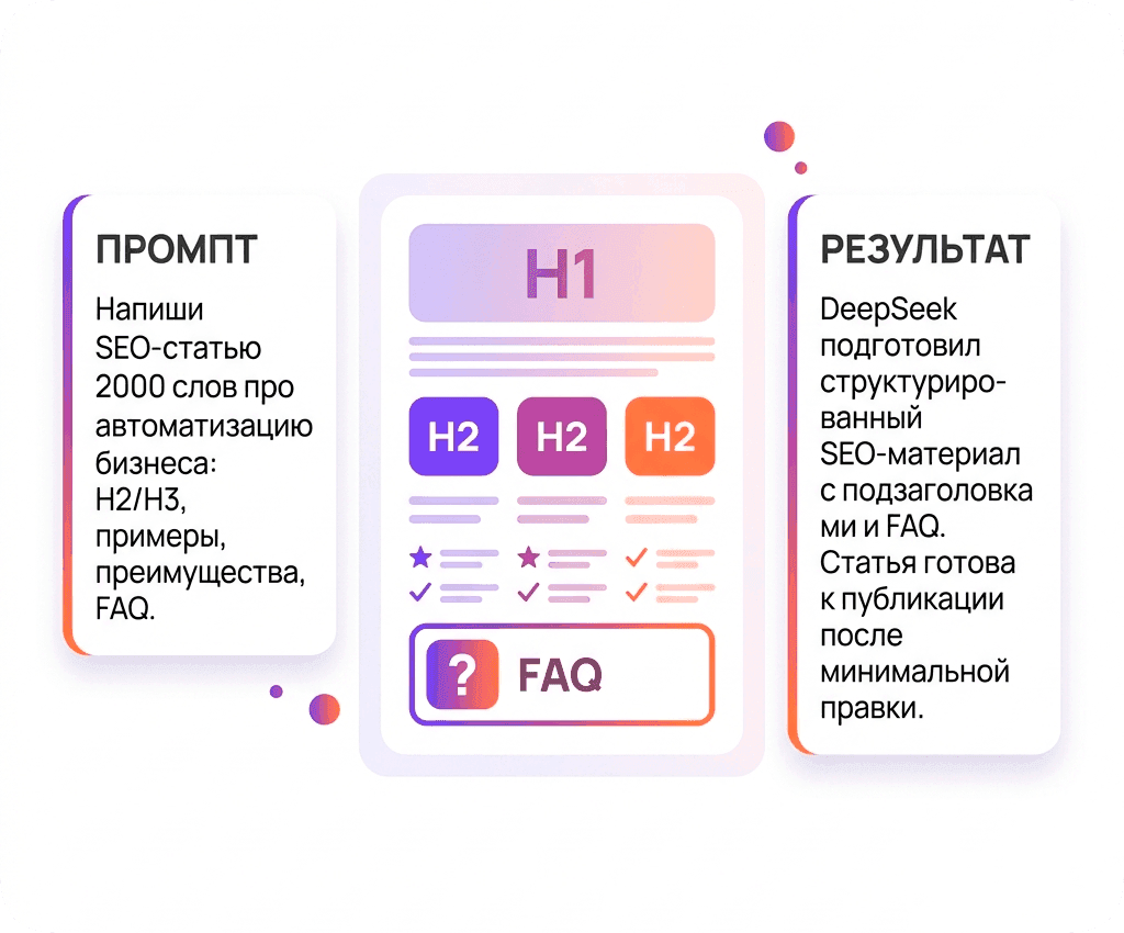 «Напиши статью объёмом около 2000 слов на тему автоматизации бизнес-процессов. Добавь логичную структуру с H2 и H3, примеры, список преимуществ и блок FAQ в конце. Текст должен быть ориентирован на SEO и легко читаться»