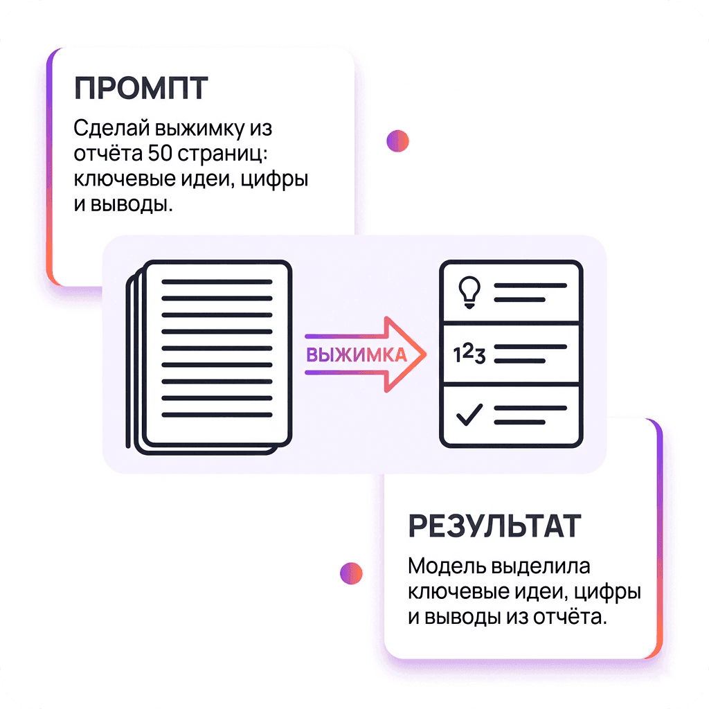 «Сделай краткую выжимку из отчёта объёмом 50 страниц. Выдели ключевые идеи, цифры и выводы»