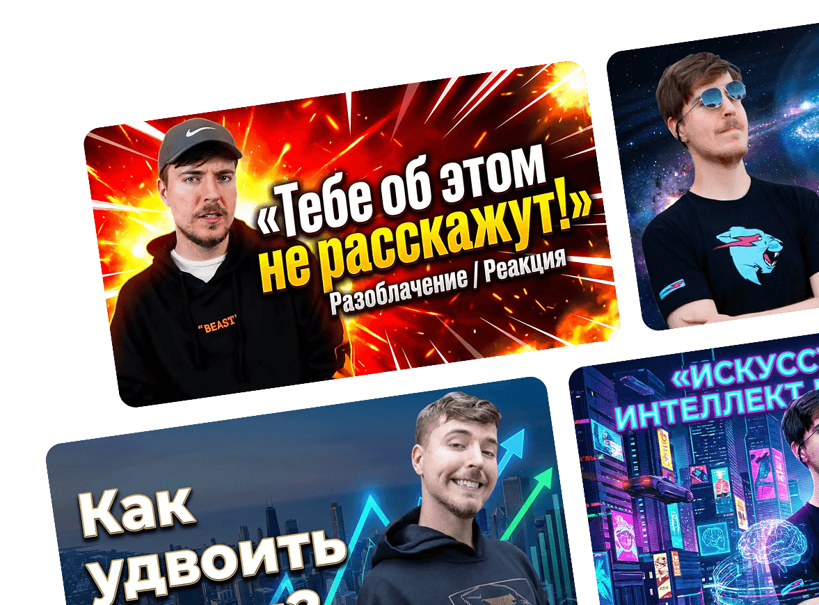«Сделай серию обложек YouTube для новых видео — с авто-вырезкой ведущего и разными композициями по теме роликов»