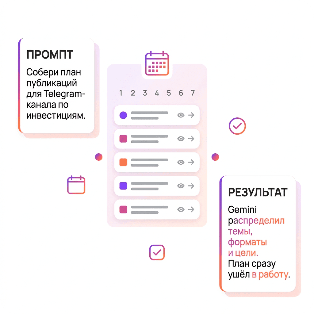 «Собери план публикаций для Telegram-канала по инвестициям.»