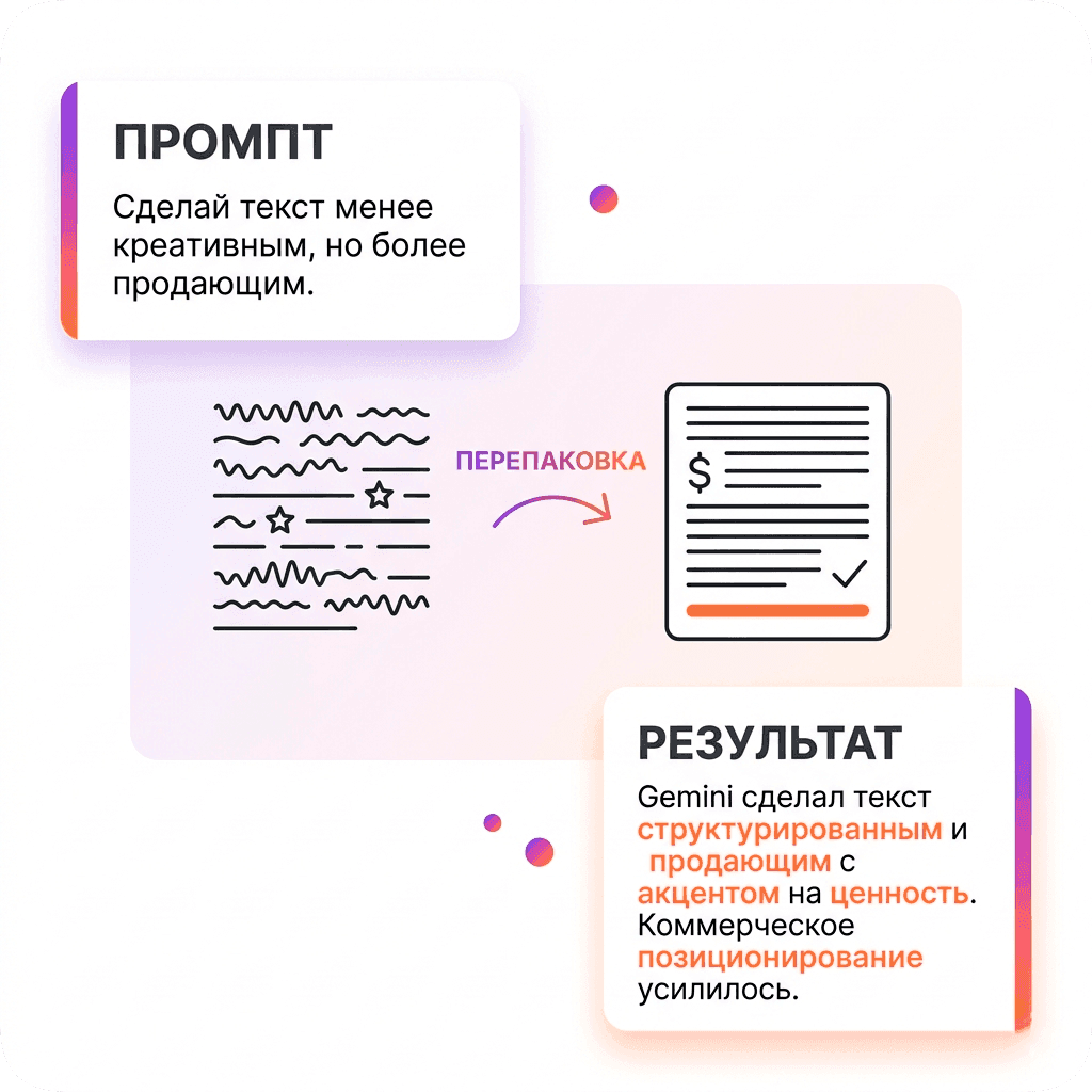 «Сделай текст менее креативным, но более продающим.»
