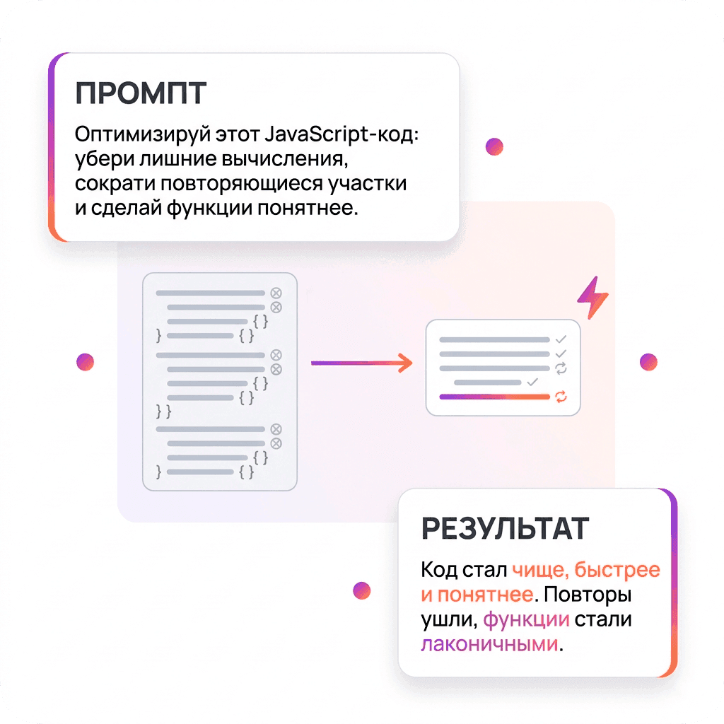 «Оптимизируй этот JavaScript-код: убери лишние вычисления, сократи повторяющиеся участки и сделай функции понятнее»
