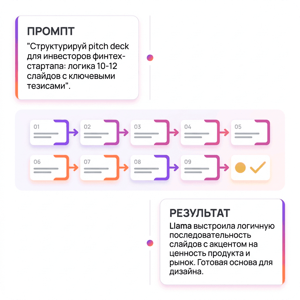 «Структурируй презентацию для инвесторов стартапа в сфере финтеха. Распиши логику 10–12 слайдов. Добавь ключевые тезисы для каждого слайда.»