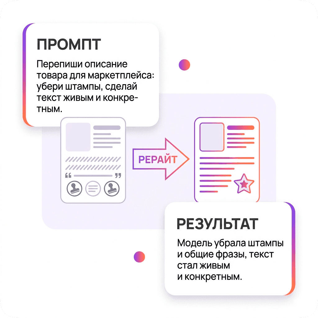 «Перепиши описание товара для маркетплейса. Убери штампы и общие фразы, сделай текст более живым и конкретным»