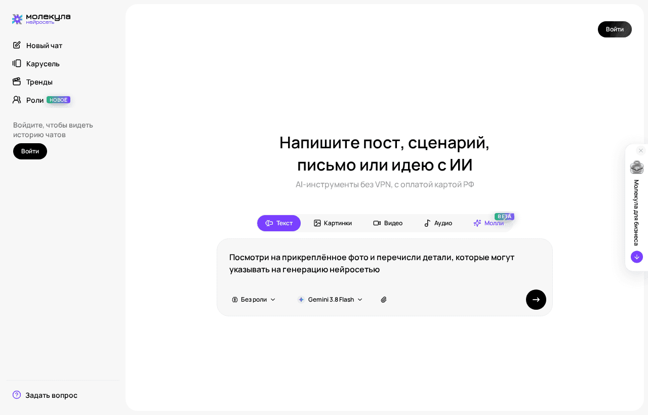 Поле ввода с готовым запросом на разбор фото