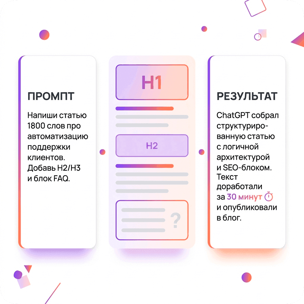 «Напиши статью 1800 слов про автоматизацию поддержки клиентов. Добавь H2/H3 и блок FAQ.»