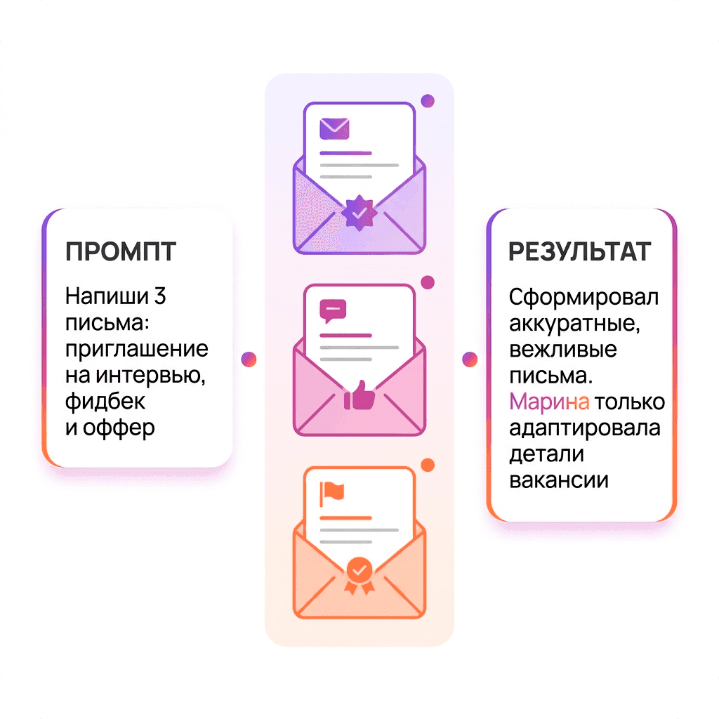 «Напиши 3 письма: приглашение на интервью, фидбек и оффер.»