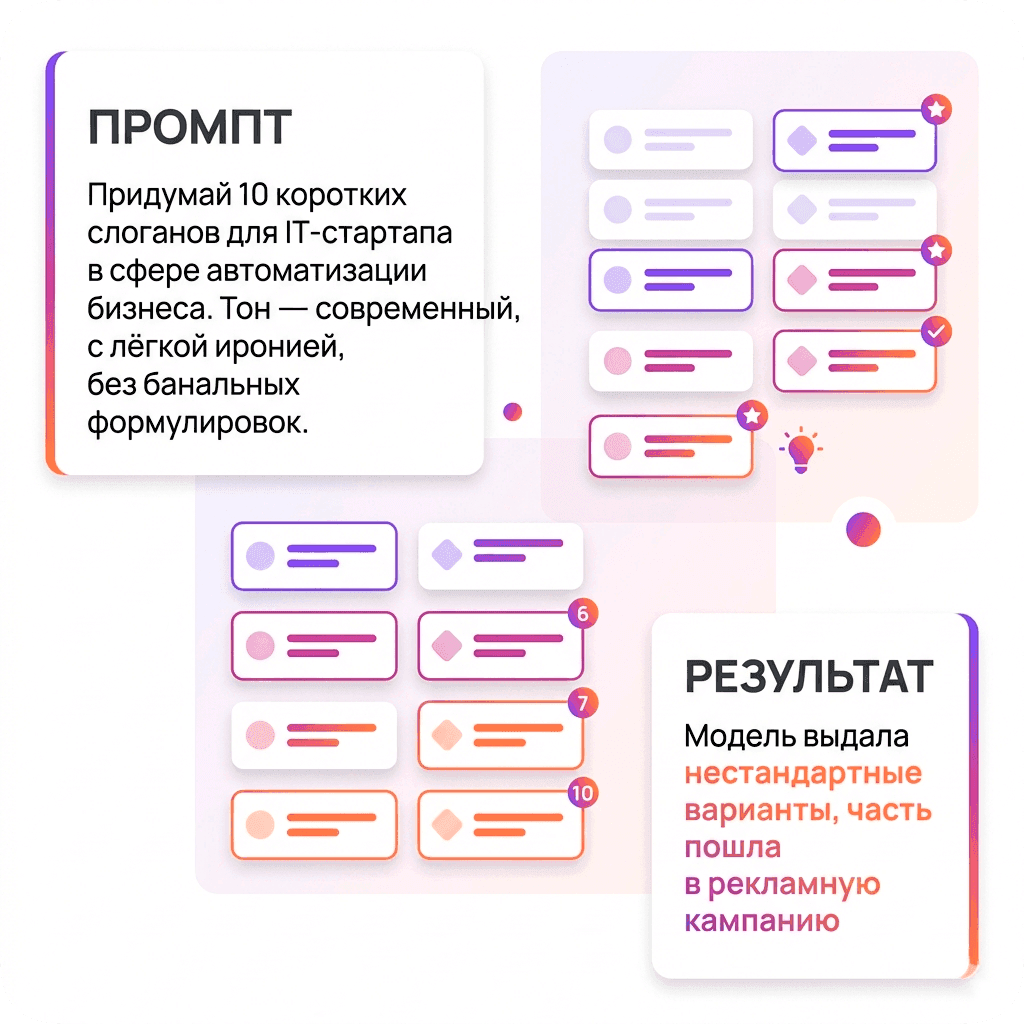 «Придумай 10 коротких слоганов для IT-стартапа в сфере автоматизации бизнеса. Тон — современный, с лёгкой иронией, без банальных формулировок»