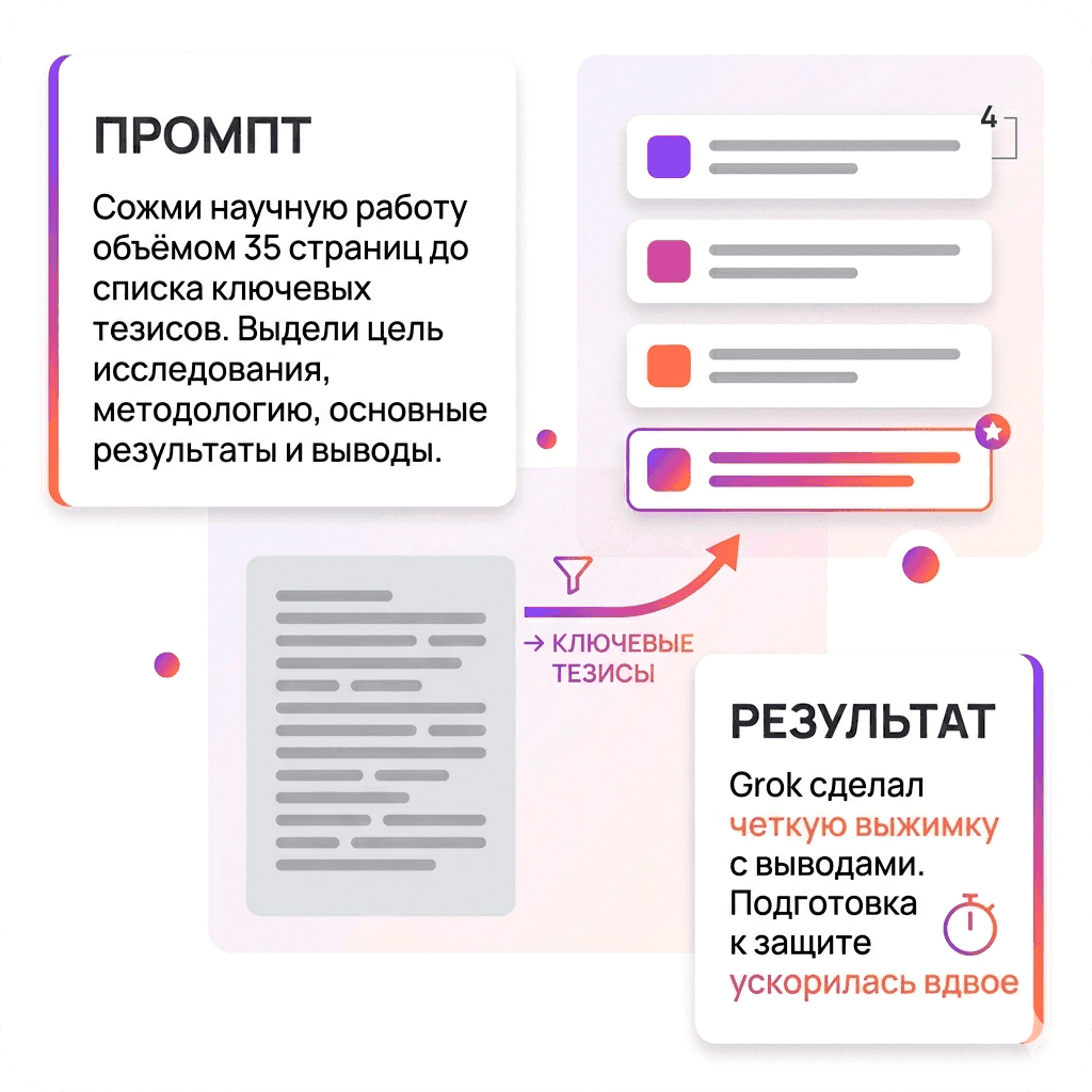 «Сожми научную работу объёмом 35 страниц до списка ключевых тезисов. Выдели цель исследования, методологию, основные результаты и выводы»