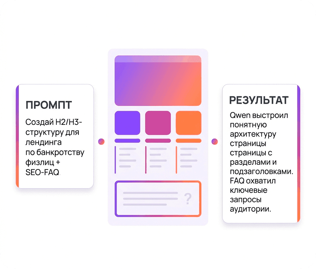 «Создай подробную H2/H3-структуру для страницы юридических услуг по банкротству физических лиц. Добавь блок SEO-FAQ из 8–10 популярных вопросов с краткими ответами»
