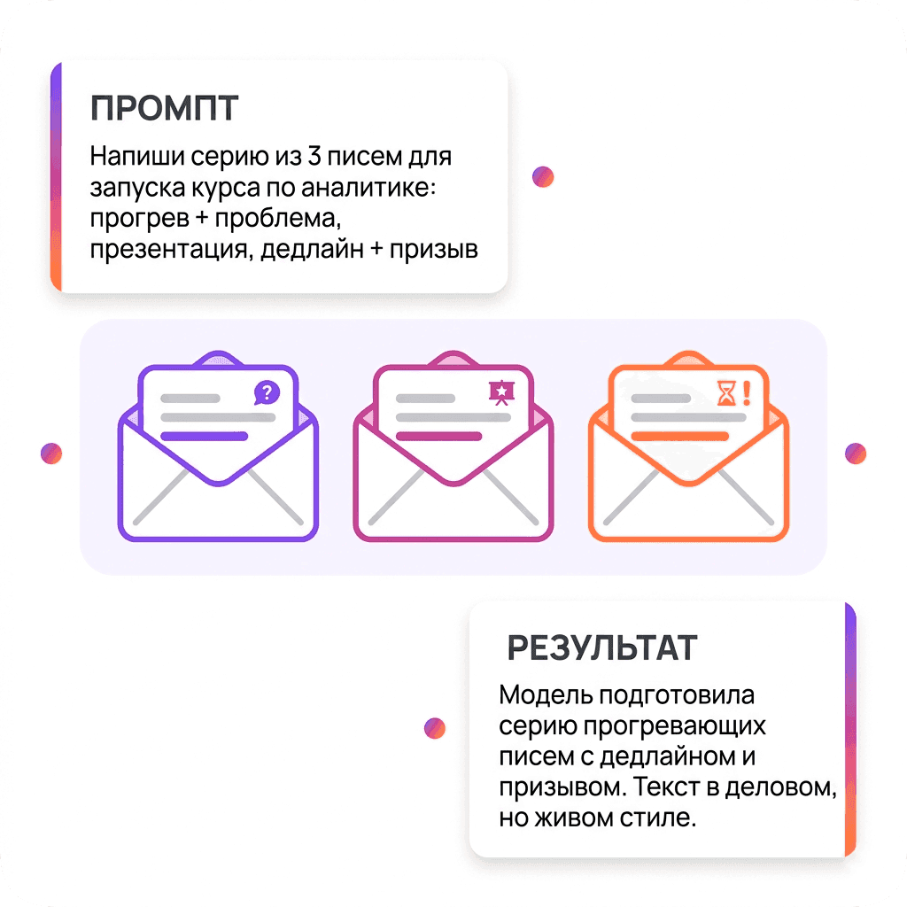 «Напиши серию из 3 писем для запуска онлайн-курса по аналитике данных. Первое письмо — прогрев и проблема аудитории, второе — презентация программы и пользы, третье — напоминание с дедлайном и призывом к действию. Стиль — деловой, но живой.»